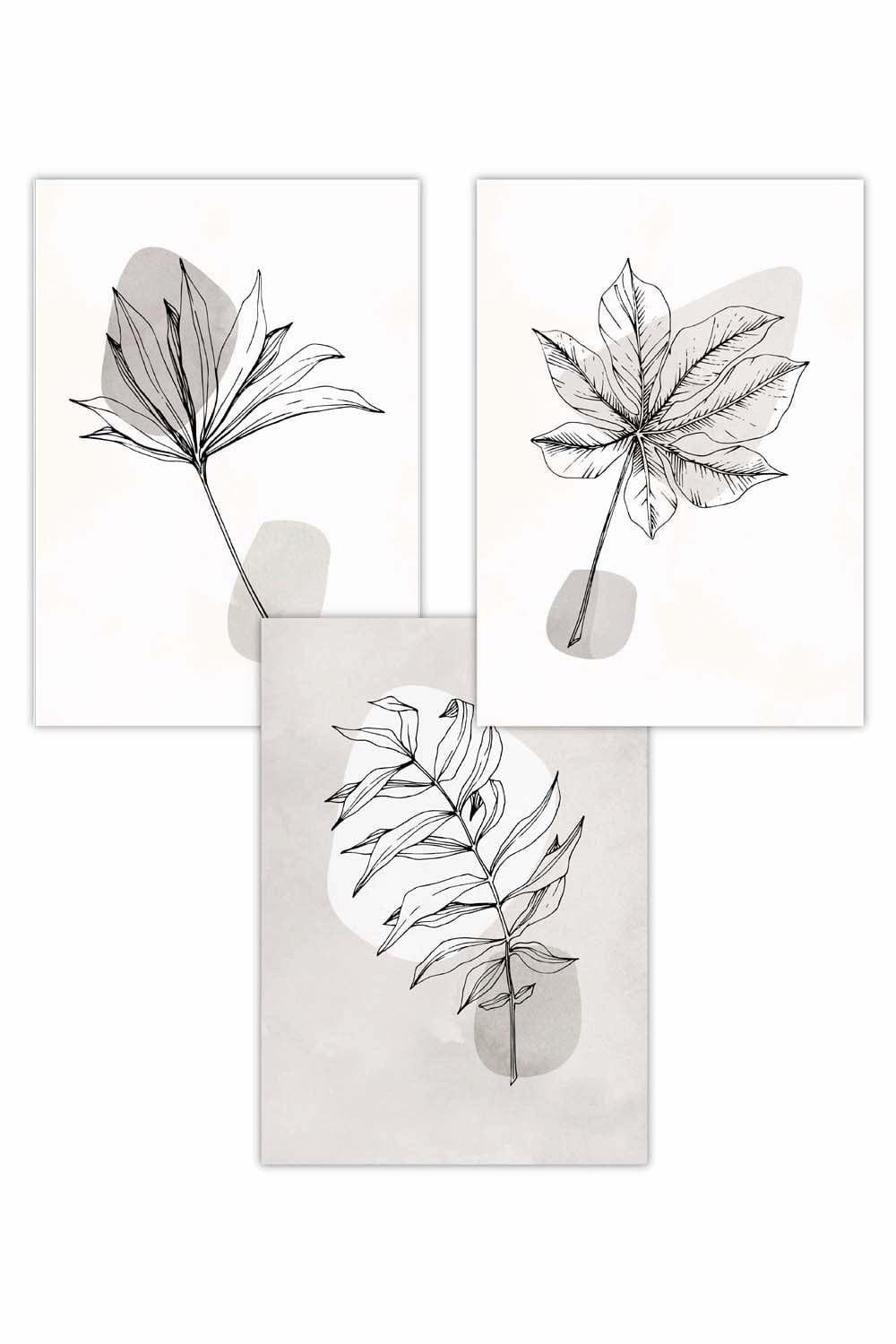 Set of 3 Grey and Beige Botanical Sketch Leaves Art Posters